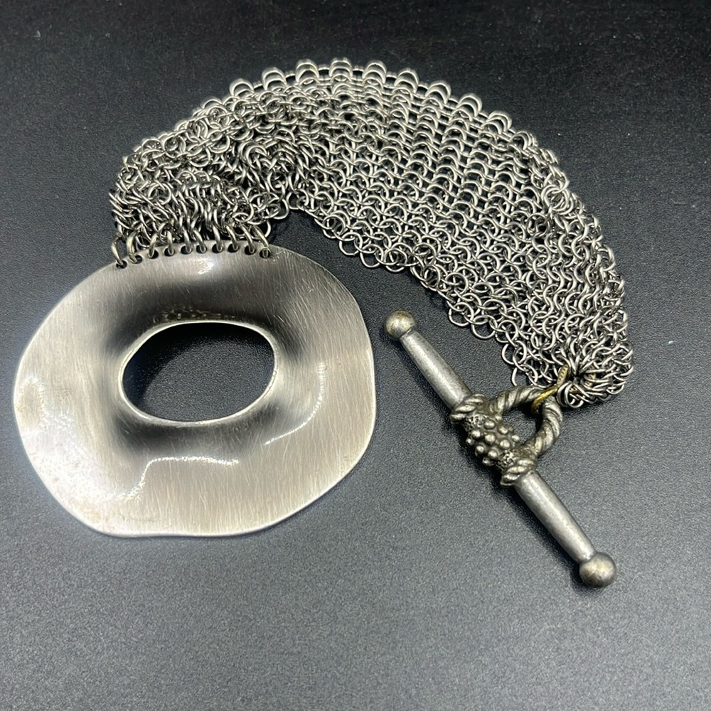Silver-Tone Multi-Strand Chain Bracelet with Organic Open Oval Accent